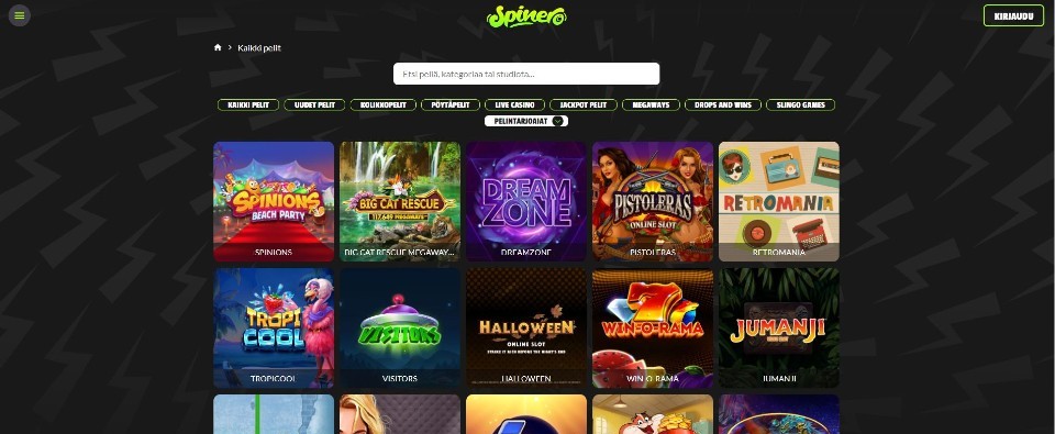 Kuvankaappaus Spinero Casinon peliaulasta, esillä pelivalikot ja 10 peliautomaatin kuvakkeet