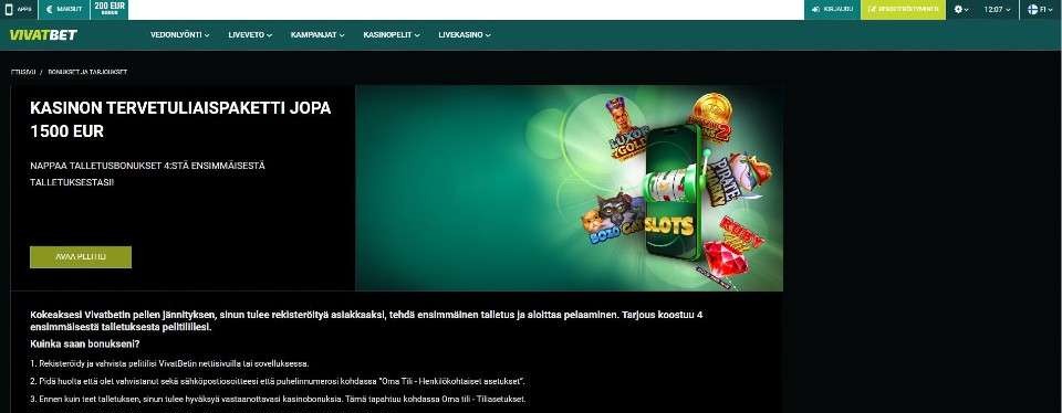 Kuvankaappaus VivatBet Casinon etusivusta, esillä päävalikko, peliautomaatin kuva ja tervetuliaisbonus sääntöineen