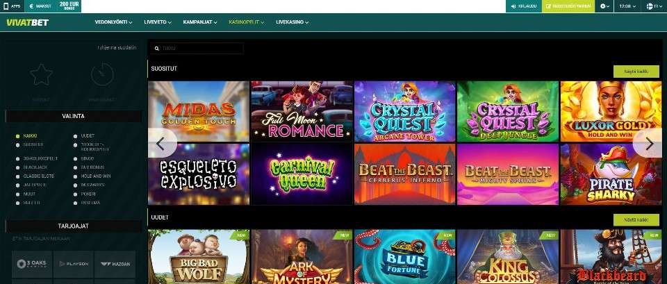 Kuvankaappaus VivatBet Casinon peliaulasta, esillä valikot ja 15 peliautomaatin kuvakkeet
