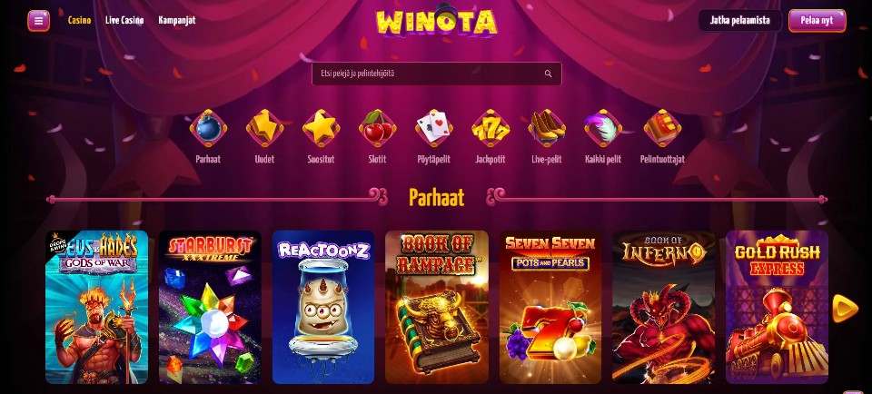 Kuvankaappaus Winota Casinon peliaulasta, esillä pelivalikot ja 7 peliautomaatin kuvakkeet