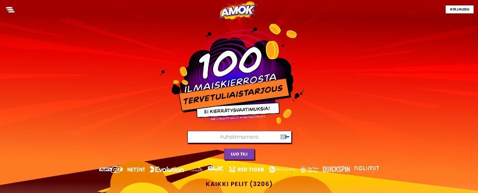 Kuvankaappaus Amok Casinon etusivusta, esillä tervetuliaisbonus ja suosittuja pelinkehittäjiä