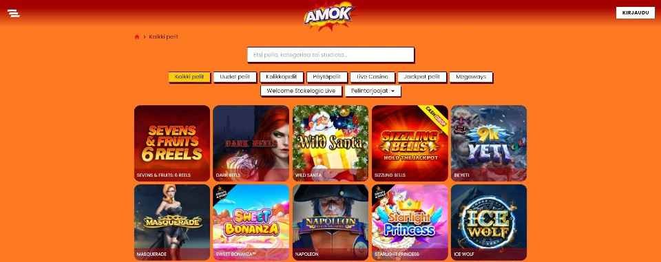 Kuvankaappaus Amok Casinon peliaulasta, esillä pelivalikot ja 10 peliautomaatin kuvakkeet