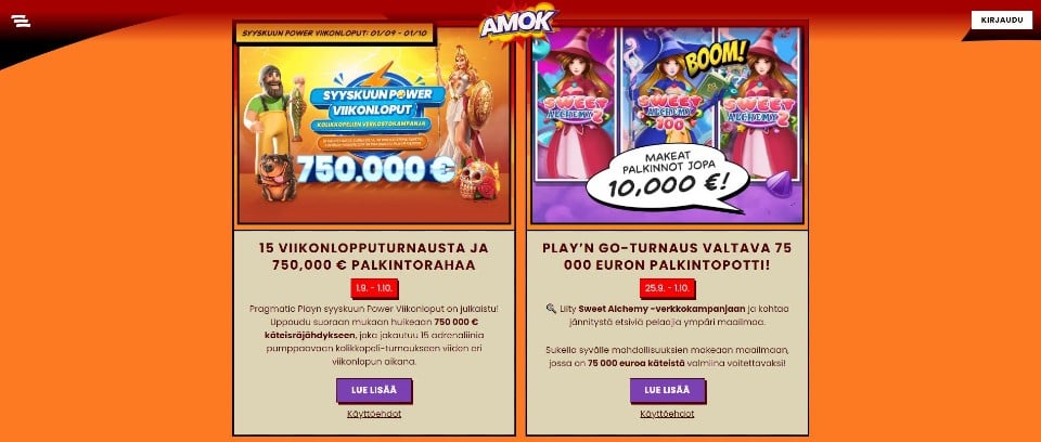 Kuvankaappaus Amok Casinon tarjouksista, esillä kaksi kasinotarjousta