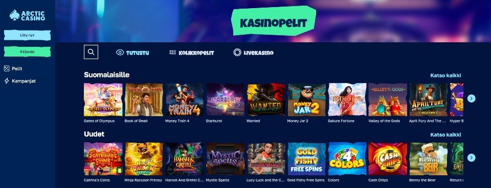 Kuvankaappaus Arctic Casinon peliaulasta, esillä valikot ja 18 peliautomaatin kuvakkeet