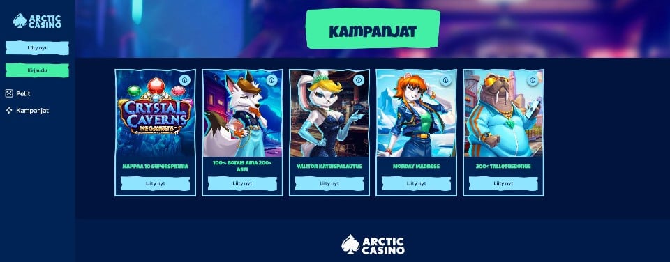 Kuvankaappaus Arctic Casinon tarjouksista, esillä valikot ja 5 kasinon tarjousta