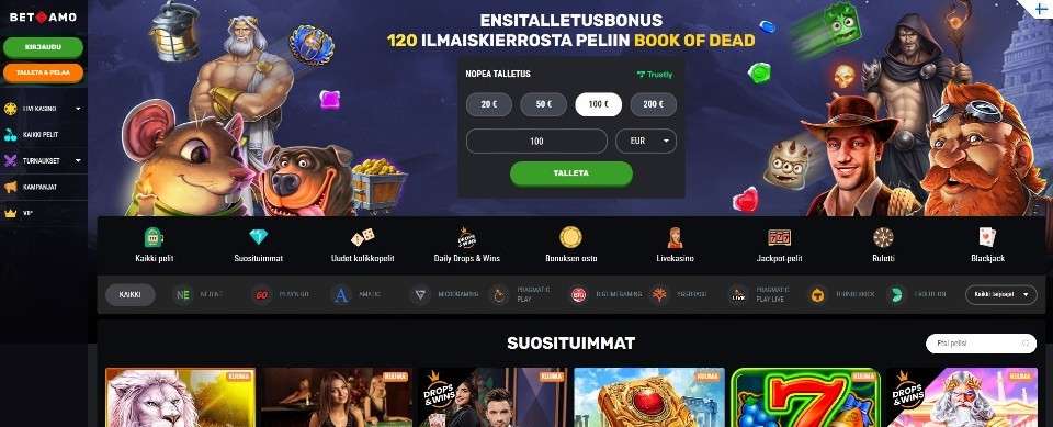 Kuvankaappaus Betamo Casinon etusivusta, esillä valikot, tervetuliaisbonus, hahmoja suosituista peliautomaateista, 10 pelinkehittäjän logot ja suosituimpien pelien kuvakkeita