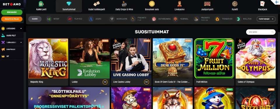 Kuvankaappaus Betamo Casinon peliaulasta, esillä valikot, 10 pelinkehittäjän logot ja suosituimpien kasinopelien kuvakkeet
