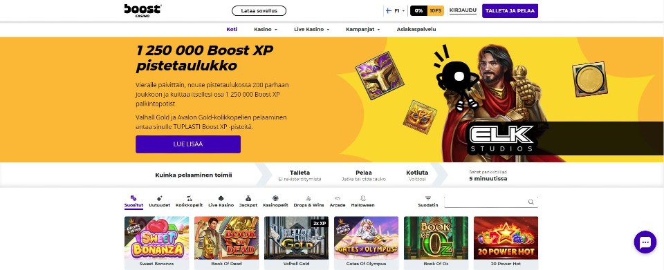 Kuvankaappaus Boost Casinon etusivusta, esillä Boost XP -pistetaulukko, peliautomaatin hahmo, valikot ja 6 peliautomaatin kuvakkeet