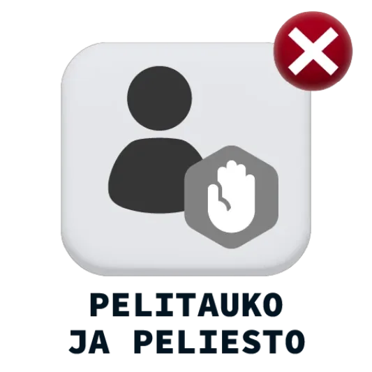 Ihmishahmo, stop-merkki, punainen X ja teksti Pelitauko ja peliesto