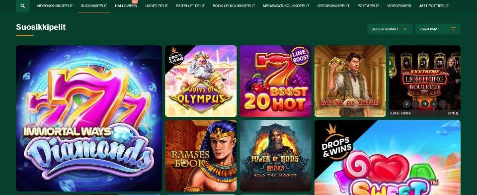 Kuvankaappaus Gomblingo Casinon peliaulasta, esillä pelivalikot ja 8 suositun peliautomaatin kuvakkeet