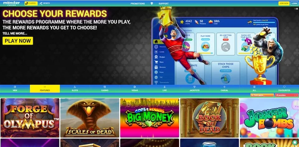 monster casino homepage displaying some games and banner 'Choose your rewards'.