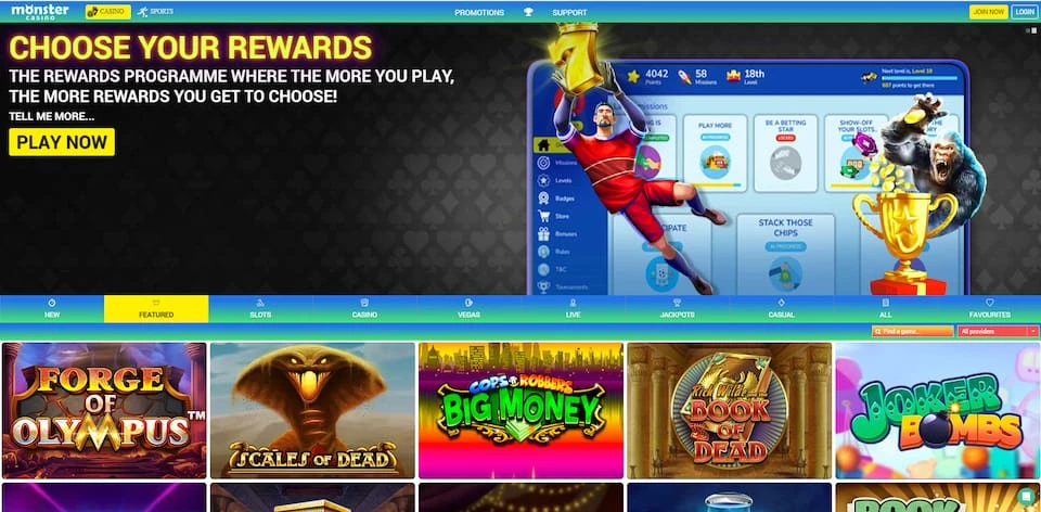 bazı oyunların ve 'Ödüllerinizi seçin' başlığının gösterildiği canavar casino ana sayfası.