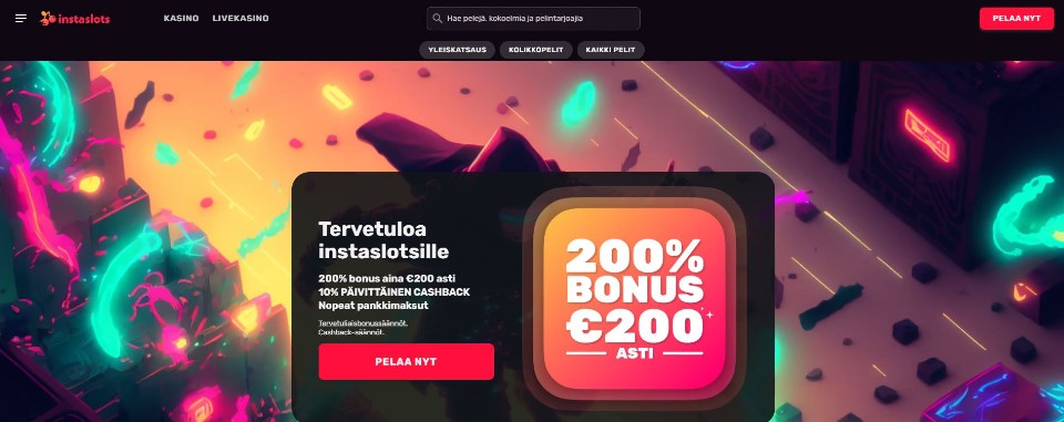 Kuvankaappaus Instaslots Casinon etusivusta, esillä päävalikko, tervetuliaisbonus ja pankkien logoja