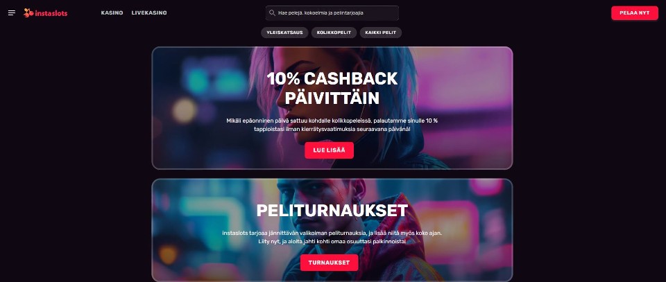 Kuvankaappaus Instaslots Casinon tarjouksista, esillä 10 % cashback ja peliturnaukset