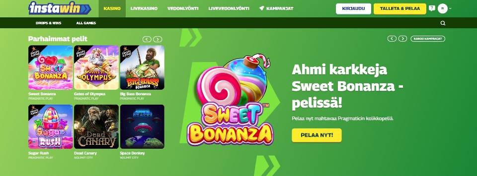 Kuvankaappaus Insta.Win Casinon etusivusta, esillä valikot, 6 parhaimman peliautomaatin kuvakkeet ja Sweet Bonanza -pelin banneri