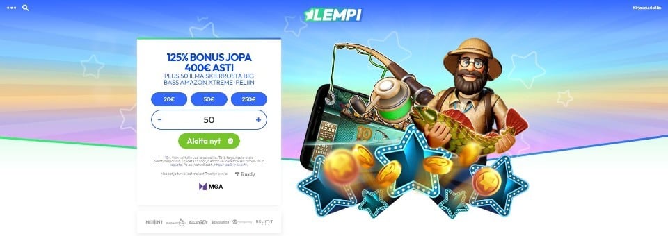 Kuvankaappaus Lempi Kasinon etusivusta, esillä tervetuliaisbonus, Big Bass Bonanza -pelin hahmo ja Pay N Play -pikatalletusikkuna