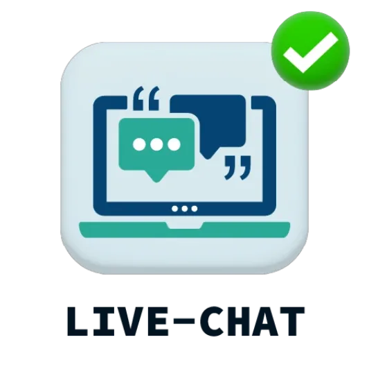 Puhekuplat tietokoneen näytöllä, vihreä oikeinmerkki ja teksti live-chat