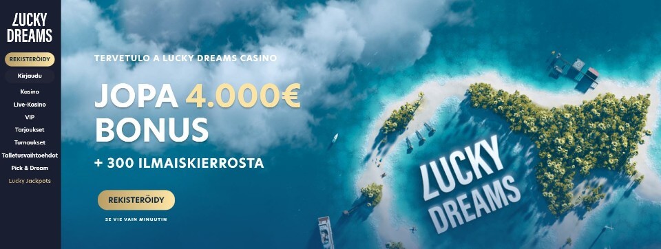 Kuvankaappaus Lucky Dreams Casinon etusivusta, esillä tervetuliaisbonus ja valikot sekä taustalla saari palmupuineen, hiekkarantoineen ja merineen
