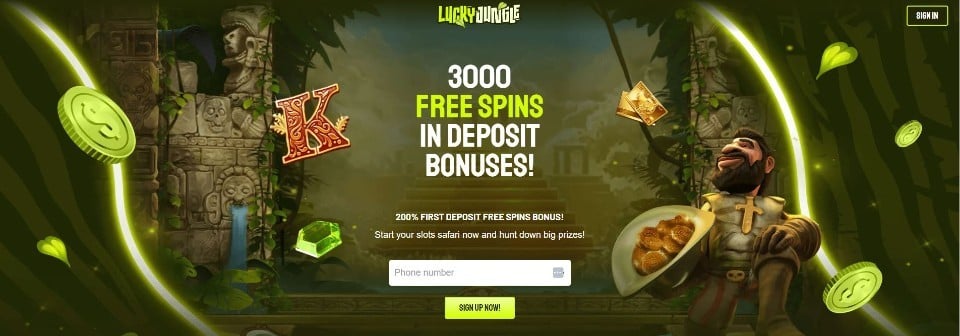 Kuvankaappaus Lucky Jungle Casinon etusivusta, esillä tervetuliaisbonus ja kenttä puhelinnumerolle, taustalla Gonzo's Quest -pelin maailma