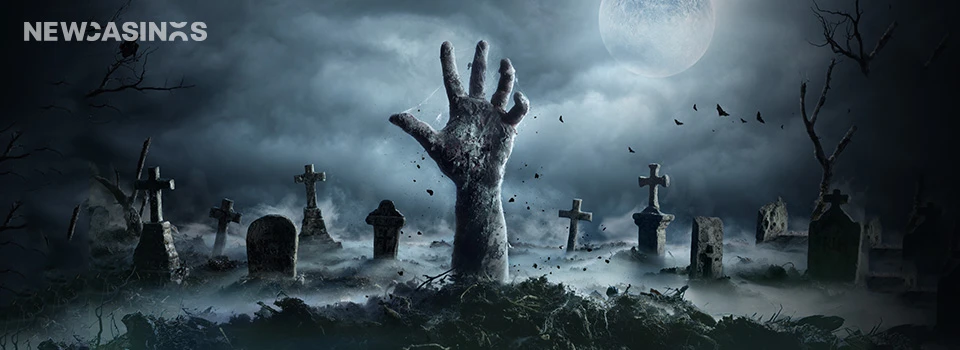 graveyards in the backround, with a zombie hand coming out of the ground.