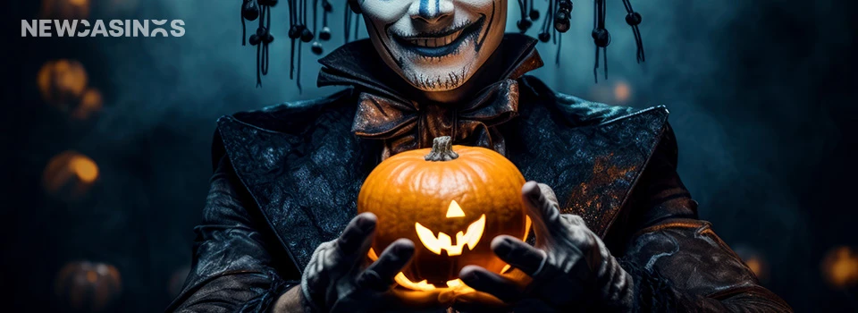a person with a creepy smile holding a jack o lantern.