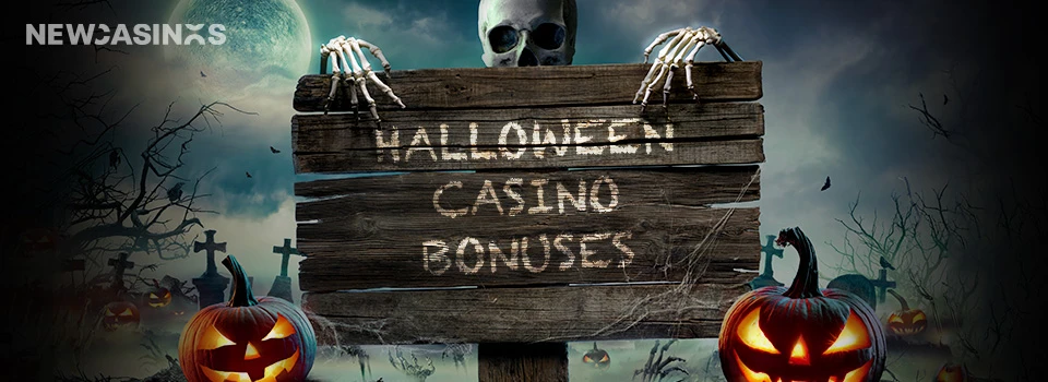 Graveyards and jack o lanterns in the background, with a skeleton in the middle holding a wooden sign with the words 'halloween casino bonuses'.