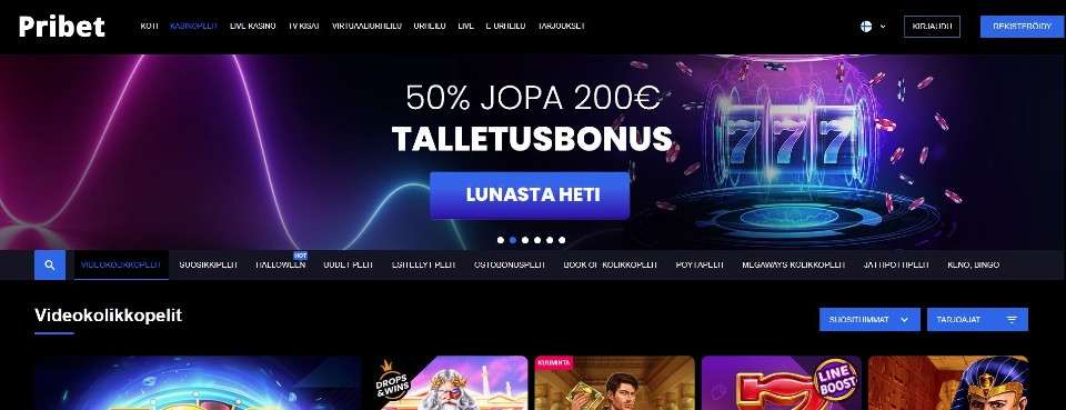 Kuvankaappaus Pribet Casinon etusivusta, esillä päävalikko, tervetuliaisbonus ja pelivalikot