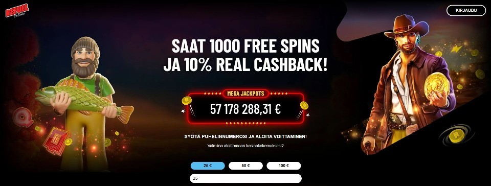 Kuvankaappaus Refuel Casinon etusivusta, esillä tervetuliaisbonus, mega jackpots ja peliautomaattien hahmoja