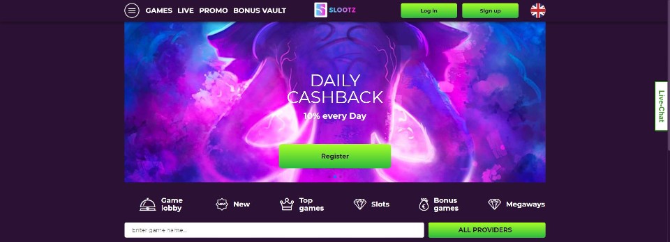 Kuvankaappaus Slootz Casinon etusivusta, esillä päävalikko, päivittäinen cashback ja peliaulan valikot