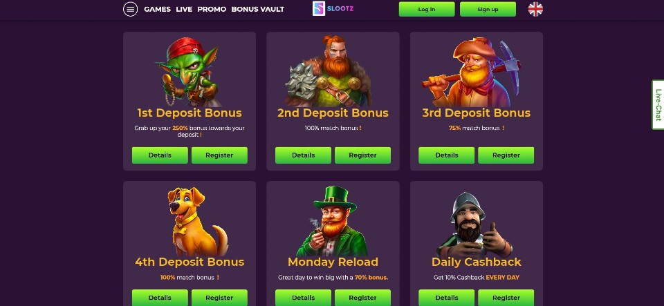 Kuvankaappaus Slootz Casinon tarjouksista, esillä 6 eri kasinotarjousta cashbackista bonuksiin