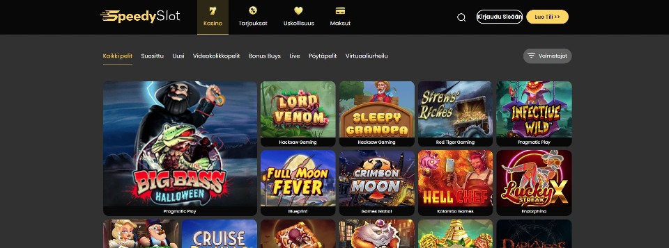 Kuvankaappaus SpeedySlot casinon peliaulasta, esillä valikot ja 9 peliautomaatin kuvakkeet