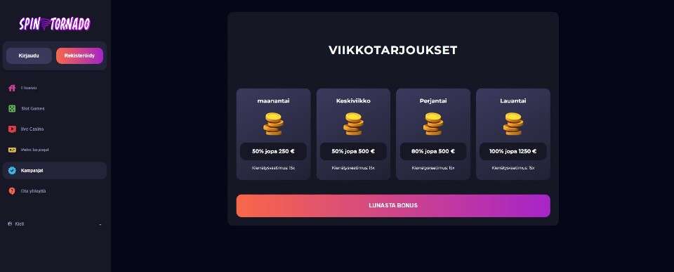 Kuvankaappaus Spin Tornado Casinon tarjouksista, esillä valikko ja 4 viikkotarjousta