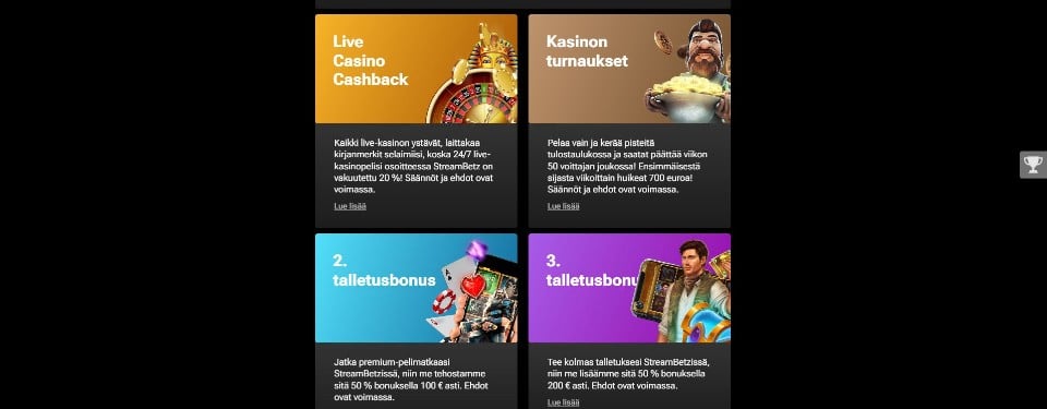 Kuvankaappaus StreamBetz Casinon kasinotarjouksista, esillä neljä tarjousta cashbackista turnauksiin