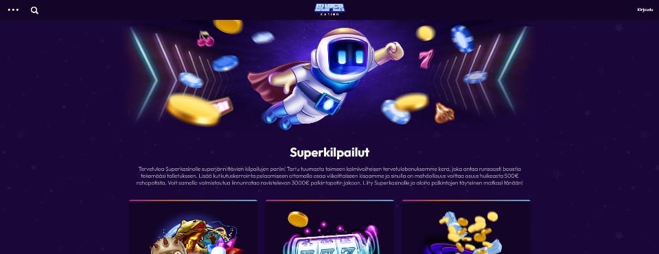 Kuvankaappaus Superkasinon tarjouksista, esillä avaruushahmo ja Superkilpailujen esittely