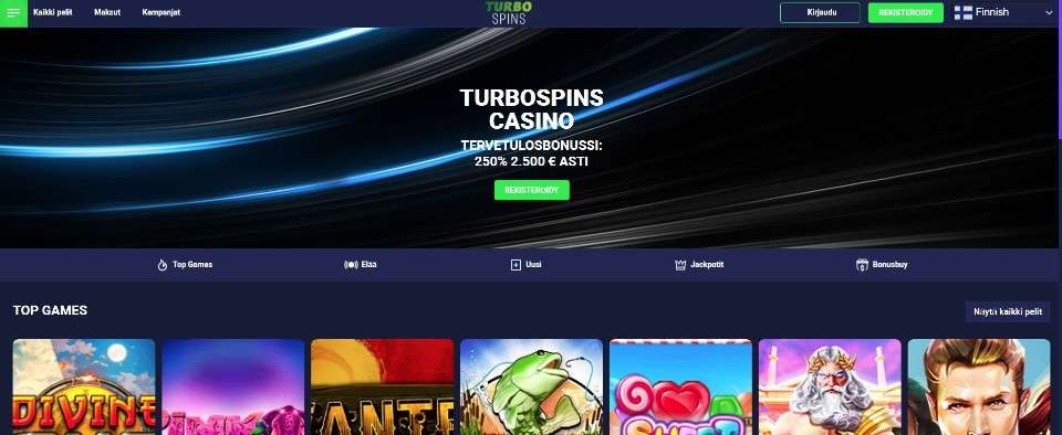Kuvankaappaus Turbo Spins Casinon etusivusta, esillä tervetuliaisbonus ja 7 peliautomaatin kuvakkeet