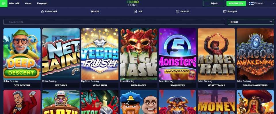 Kuvankaappaus Turbo Spins Casinon peliaulasta, esillä valikot ja 14 peliautomaatin kuvakkeet