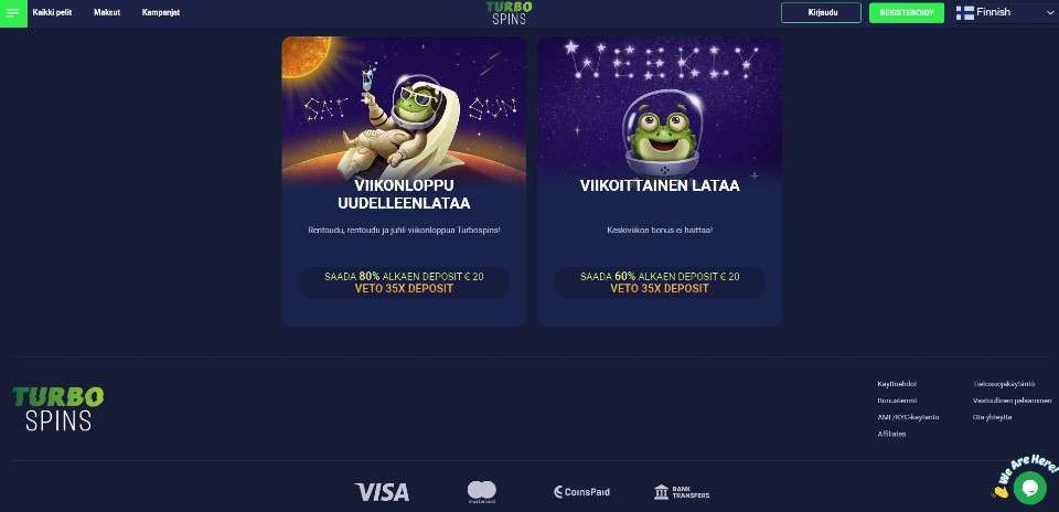 Kuvankaappaus Turbo Spins Casinon tarjouksista, esillä valikko, 2 tarjousta ja maksutapojen logoja