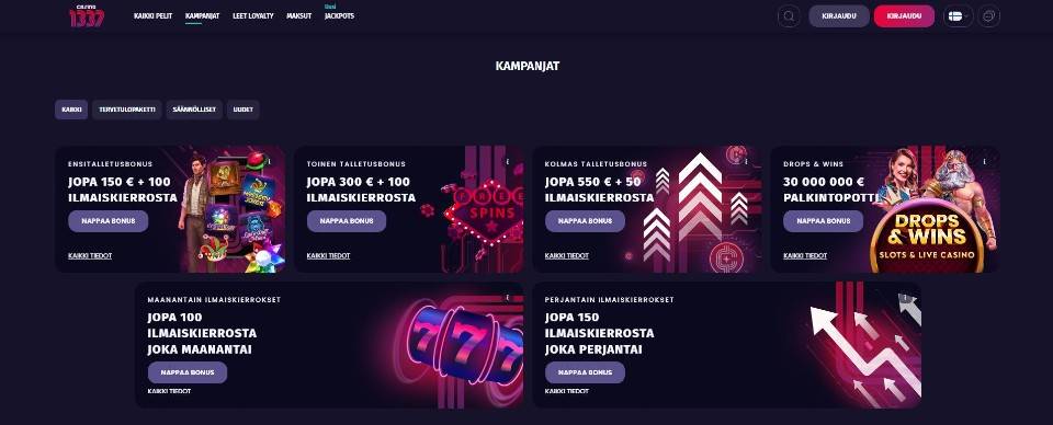 Kuvankaappaus Casino 1337 Casinon tarjouksista, esillä 6 eri kasinotarjousta