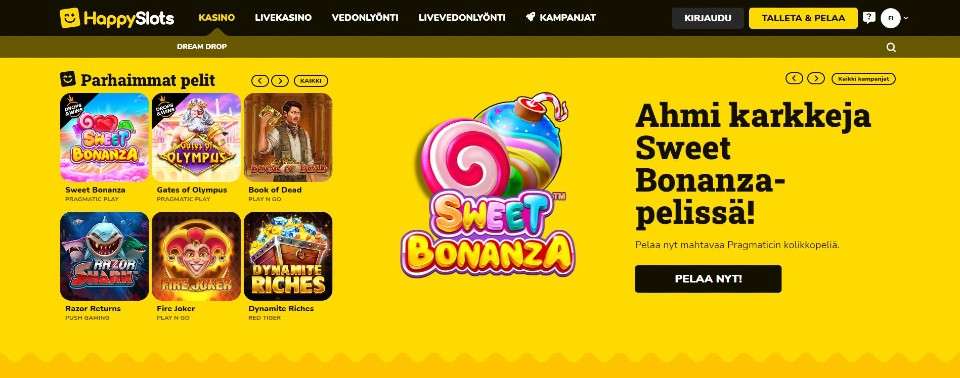 Kuvankaappaus Happy Slots Casinon etusivusta, esillä valikko, kuuden parhaanpelin kuvakkeet ja Sweet Bonanza-pelin banneri