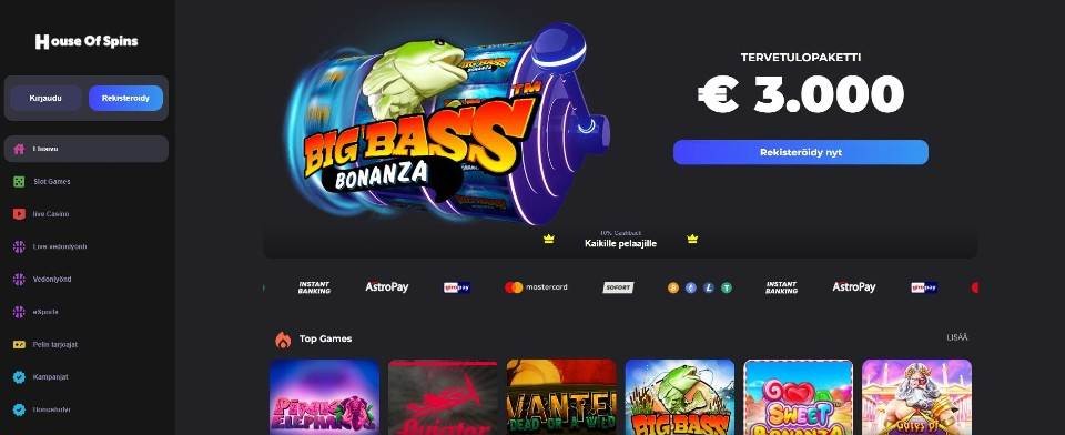 Kuvankaappaus House of Spins Casinon etusivusta, esillä Big Bass Bonanza -peli, tervetuliaisbonus, maksutavat ja 6 pelin kuvakkeet