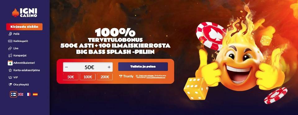 Kuvankaappaus Igni Casinon etusivusta, esillä valikot, tervetuliaisbonus, liekehtivä hahmo ja Pay N Play -talletusikkuna