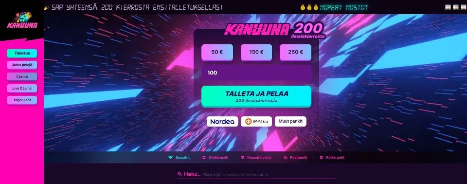 Kuvankaappaus Kanuuna Casinon etusivusta, esillä valikot ja pikatalletusikkuna