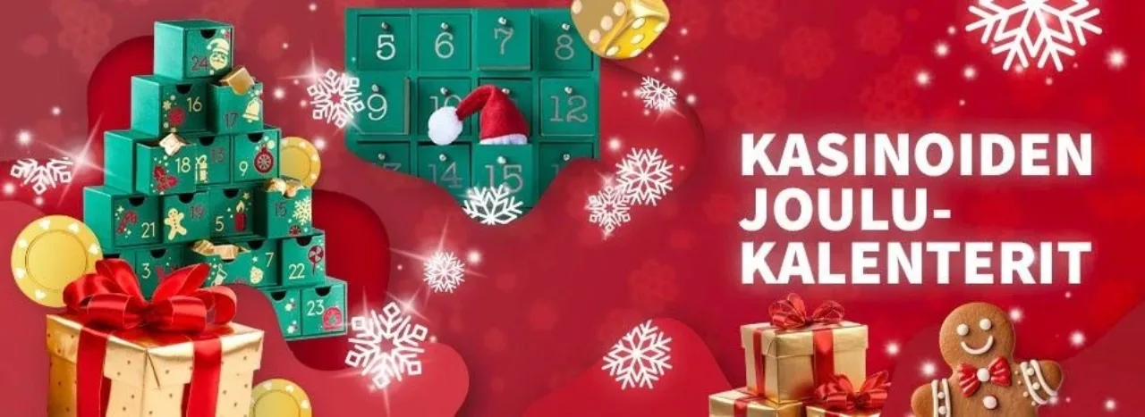 Joulukalentereita, paketteja ja lumihiutaleita sekä teksti Kasinoiden joulukalenterit punaisella taustalla