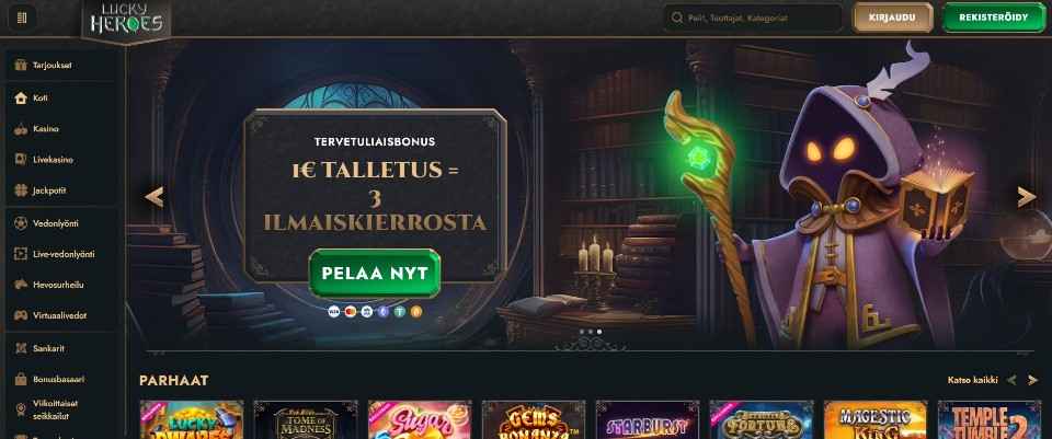 Kuvankaappaus Lucky Heroes Casinon etusivusta, esillä valikot, tervetuliaisbonus ja kasvoton hahmo kirjastossa