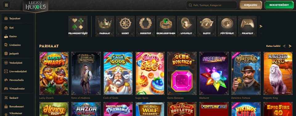 Kuvankaappaus Lucky Heroes Casinon peliaulasta, esillä valikot ja 16 suositun peliautomaatin kuvakkeet