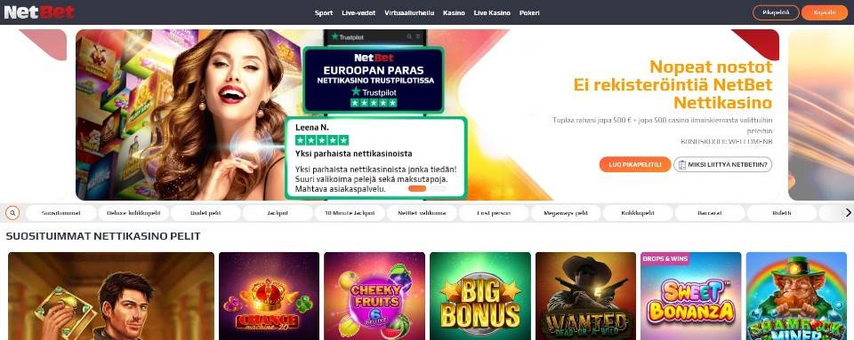 Kuvankaappaus NetBet Casinon etusivusta, esillä päävalikko, bannerikuva naishahmolla sekä 7 suosituimman kasinopelin kuvakkeet