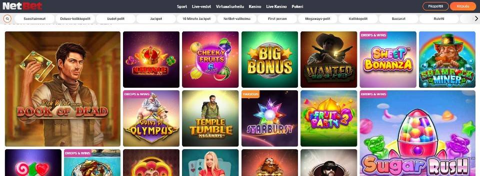 Kuvankaappaus NetBet Casinon peliaulasta, esillä pelivalikot ja 18 suositun pelin kuvakkeet