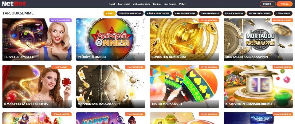 Kuvankaappaus NetBet Casinon tarjouksista, esillä tarjousvalikko ja 8 eri kasinotarjousta