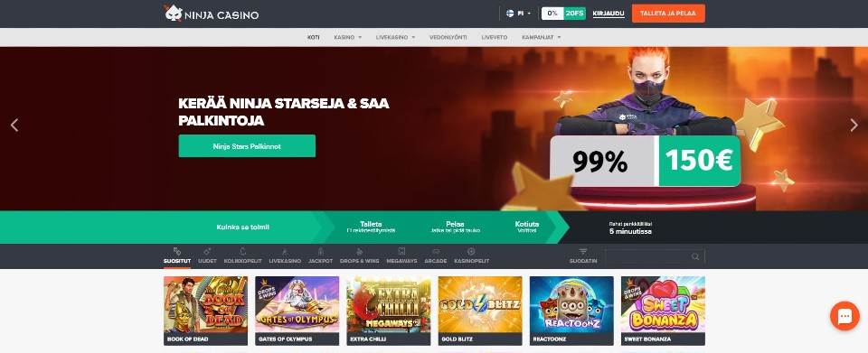 Kuvankaappaus Ninja Casinon etusivusta, esillä valikko, tarjousbanneri naisninjan kuvalla ja 6 suositun pelin kuvakkeet