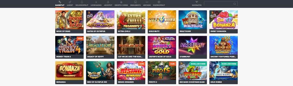 Kuvankaappaus Ninja Casinon peliaulasta, esillä pelivalikko ja 18 peliautomaatin kuvakkeet